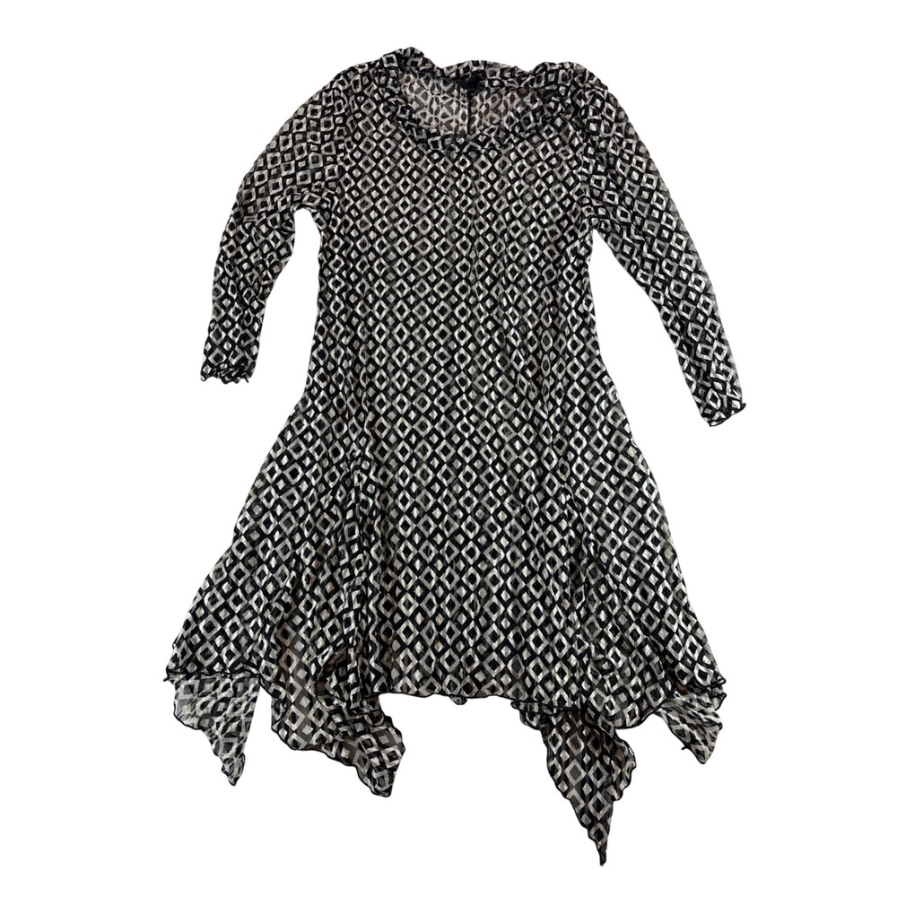 Coco + Carmen Sheer Mesh Handkerchief Hem Dress Black White Geometric‎ Medium